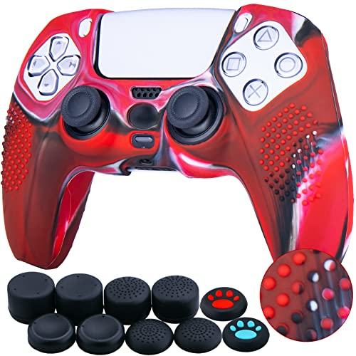 YoRHa Studded Silikon Hülle Abdeckungs Haut Kasten für PS5 Controller x 1 (Tarnung Rot) Mit Pro aufsätze thumb grips x 8