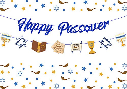 Party Dekorationen Happy Passover Banner Glitter, Wimpelkette Girlande mit 8 Pesach Ausschnitten für Passover Seder, jüdische Feiertage, Chanukka, Heimdekoration
