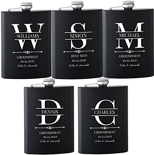 Flasques a Alcool Personnalisés, 5 Pièces Flasques Whisky Inox 304 8oz/227ml Personnalisables, Cadeaux Personnalisés Homme avec Texte pour Témoins du Marié Groomsman, Cadeau de Mariage (Noir)