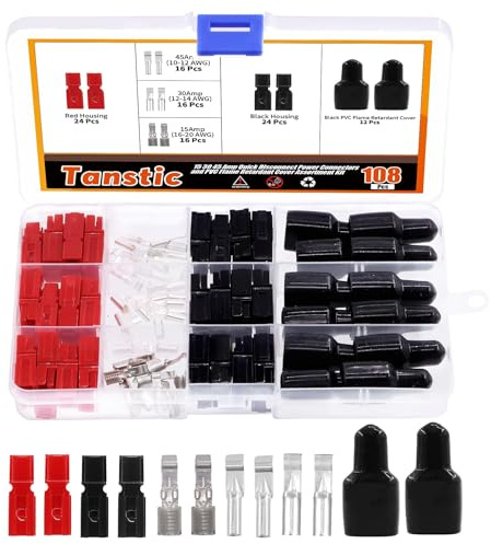 Tanstic 108Pcs 15/30/45 Amp Quick Disconnect Power Terminals Connectors, Red Black Housing Contacts and Cover Quick Connect Battery Connector Modular Power Connectors Set