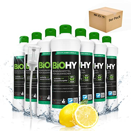 BiOHY Reinigungsmittel für Saugwischer mit Frischeduft (9 x 1 Liter) + Dosierer | 1:200 Konzentrat für alle Nass-Trockensauger | ideal für Fliesen, PVC, Parkett, Laminat & Teppich | streifenfreier