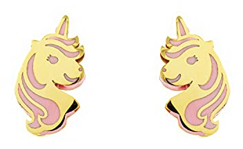 Mondepetit - Rosa Emaille Einhorn Kinder Mädchen Ohrringe Gelbgold 9K - Geschenkbox - Garantiezertifikat