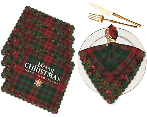 Yibeas White Merry Christmas and Happy New Year Stoffservietten, 4er-Set, weiches Tartan, kariert, rot und grün, Polyester, quadratisch, für Familienhochzeiten, Partys, 45,7 x 45,7 cm