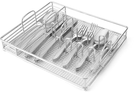 Pfaltzgraff Mirage Frost Everyday Flatware Service for 8, 42 Piece Set, 18/0 Stainless Steel, Silverware Set with Serving Utensils and Caddy