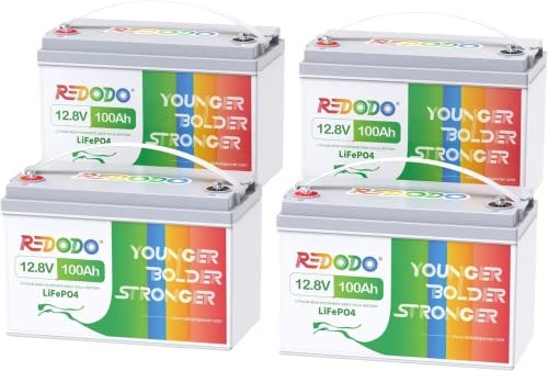 LiFePO4 100Ah 12V 4 Pack, Redodo Lithium Batterie 100A BMS 5120Wh Kapazität LiFePO4 Akku Deep Cycle mit 4000-15000 Mal Tiefzyklus für Wohnmobil, Solare Heimanlagen, Camping, Boot, 12V100Ah- 4 Pack