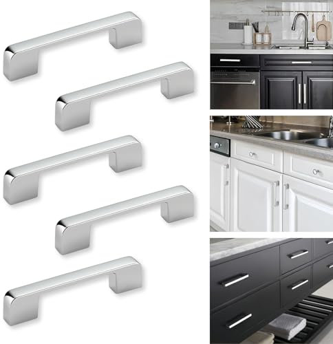 Boxonly Door Handles,96mm Hole Center Bright Chrome American Style Zinc Alloy Drawer Cupboard Wardrobe Door Handle Kitchen Hardware Cabinet Pulls 5 PCS