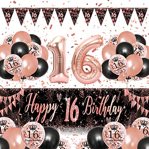 16. Geburtstag Mädchen Deko Set - Happy Birthday Banner, Luftballons und Dekorationen für 16 Jahre