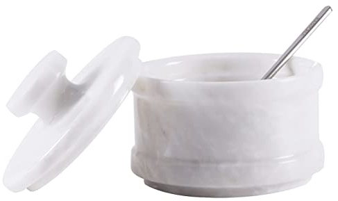 Radicaln Marble Salt Cellar White 2.25x4x5 Inch Handmade Sugar Bowl with Lid and Spoon - Spice Jar for Kitchen Set -Seasoning & Spice Tools Storage Container