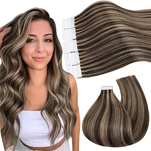 Ugeat Tape Extensions Echthaar Braun 40 cm Glatt Echthaar Tape in Extensions Mittelbraun Blond Haarverlängerung Invisible Karamell 20 Stück für Mädchen 50G #P4/27