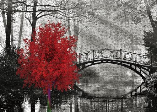 Scarlet Solitude Klassische Puzzles für Erwachsene 1000 Teile, Schwarze und Weiße Brücke und Roter Baum Puzzles, Wandkunst Puzzles für Erwachsene Geschenke