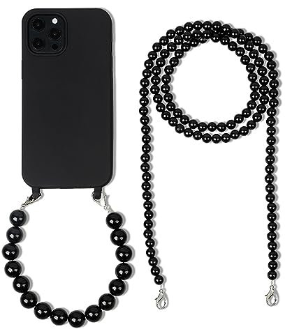 FIFTHAVE Chain Perlen Handykette Handyhülle für iPhone 13 pro mit Perle Armband,Necklace Hülle mit Kordel Schutzhülle Lanyard Case Pearl Stoßfeste TPU Cover für iPhone 13 pro 6.1'',Schwarz
