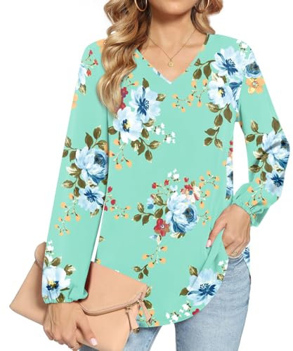 HOTGIFT Womens Autumn Shirt V Neck Balloon Long Sleeve Blouse Flowy Loose Comfy Tunic Top Mint Green Medium
