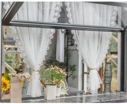 Yaland Garn Scheibengardine Romantischer Landhausstil Weißes Spitzen Blumenmuster transparente Gardine mit Kräuselband in Küche, Wohnzummer 1 Stück Weiß HxB 80x140cm