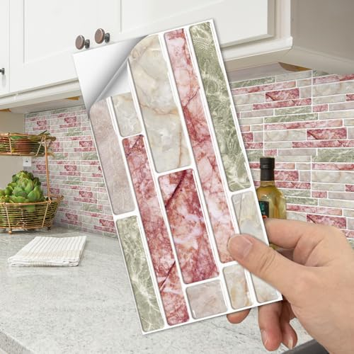 Fliesenaufkleber Rosa Grüner Marmor Klebefliesen Wasserdicht Ölfest Fliesenaufkleber Bad Küchenrückwand Selbstklebend für Schrank Möbel Tisch Dekoration Fliesenfolie 54 Stück/10x20cm