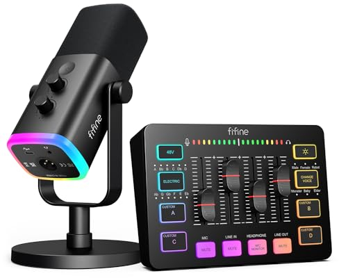 FIFINE Gaming Equipment Set, XLR/USB Dynamic Gaming Microphone Set with Streaming Audio Mixer for Podcast Recording, Voice Video, RGB Game with Fade