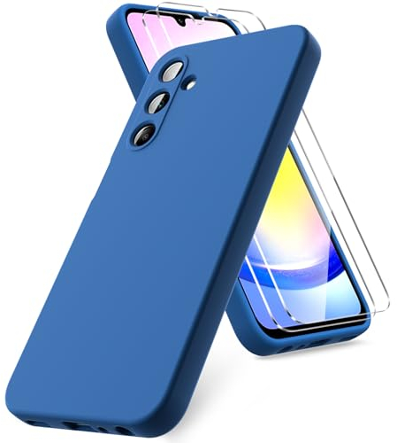 Vansdon Coque Compatible avec Samsung Galaxy A25 5G, 2 Film de Protection en Verre trempé, Housse Souple en TPU en Silicone Liquide, Housse en Caoutchouc Antichoc - Bleu