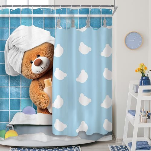 Riyidecor Lustiger Bären-Duschvorhang, 152,4 x 183,9 cm, niedliches Cartoon-Design, blaues Badetier in der Badewanne, Blasen, schön, modern, für Jungen und Mädchen, Badezimmer-Dekoration, Stoff,