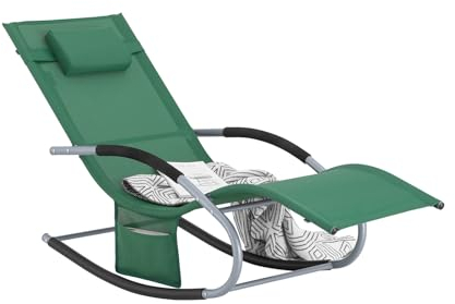 SoBuy Sonnenliege Gartenliege wetterfest Liegestuhl Schaukelstuhl mit Kopfkissen Relaxliege Schaukelliege Strandliege Outdoor Terrasse Balkon Camping bis 150 kg Dunkelgrün Gartenmöbel OGS28-WD
