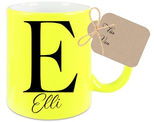 Manufaktur Liebevoll Tasse Personalisiert Neongelbe Tasse Buchstaben Tasse Neon Gelb Namenstasse Kaffeetasse Frau Mann Geschenk (Buchstabe + Name, Gelb)
