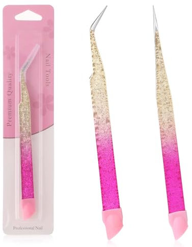 Jeffdad 2 Pinzas para Decoración de Uñas y Extensión de Pestañas - Punta Afilada Fina y Recta Curvada con Cabezal de Impresión de Silicona para Manualidades