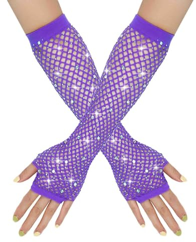Damen Netzhandschuhe Glänzende Fingerlose Handschuhe Lange Fischnetz Armstulpen Mesh Handschuhe Karneval Party Kostümzubehör Opernhandschuhe Abendhandschuhe Glitzer Handschuhe (Purple, One Size)