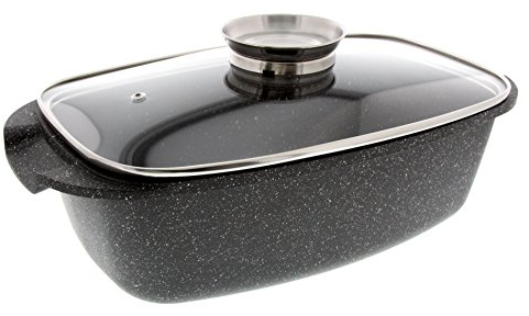 Pradel Excellence - PCUI001033 - Plat à Four en Fonte d'Aluminium Premium 36,5x23x6,6cm - Couvercle Verre - Revêtement Anti-Adhésif Façon Pierre - Tout Feu, Noir