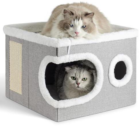 Cat Beds, Large Cat Cave for Pet Cat House with Fluffy Ball Hanging and Scratch Pad, Cat Houses & Condos, Cat Cubes, Cat Hideaway, Covered Cat Bed for Multi Small Pet Large Kitty (light gray, L)