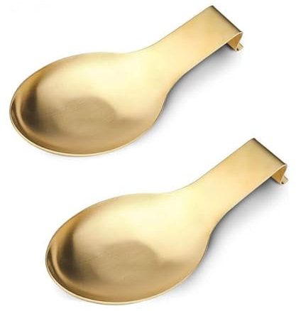 2Pcs Spoon Rest Set, Stainless Steel Spoon Ladle Holder Spatula Rest for Kitchen Stove Top, Kitchen Utensils Holder for Ladles, Tongs, Spatula, Stove Spoon Holder (Gold)