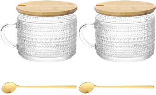 MAGICVOGEL 2er Kaffeegläser Set Vintage geprägte Gläser mit Deckel und Löffel 400ml Latte Macchiato Müsli Glasbecher Frühstückstasse für Joghurt,Tee,Saft, Milch (Punkte)