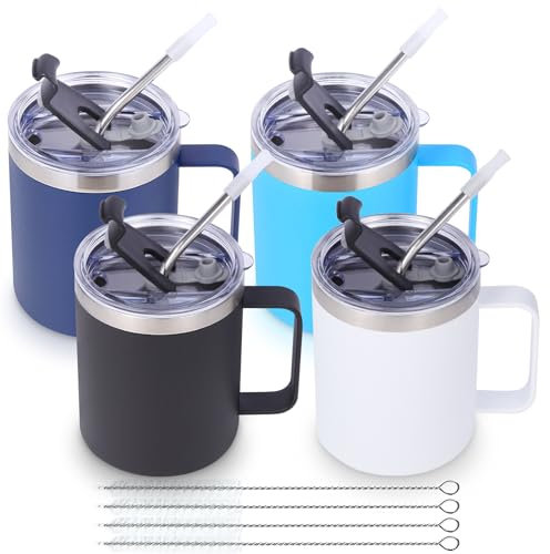 Volhoply 12oz Insulated Leakproof Coffee Mug with Sliding & Straw Lid Bulk 4 Pack,Double Wall Vacuum Stainless Steel Travel Tumbler Cup with Handle,Camping Mugs Keep Cold/Hot(Assorted,4 Set)