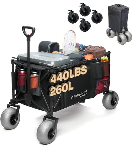 Foldable Beach Wagon Cart- Interchangeable All Terrain Wheels- 12 Beach Wheels Optional- Patent Pending- Gardening, Fishing, Shopping-Built-in Insulated Cooler Pouch, More Storage Pockets, Cupholders