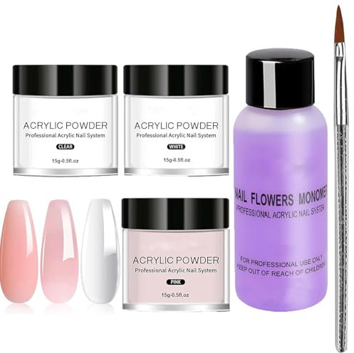 Acrylic Nail Kit,3 Colors Acrylic Nail Powder Set for Nail Acrylic Extension Acrylic Powder with Acrylic Nail Brush Set,Pink Nude Clear Acrylic Nail Set,Nail Carving