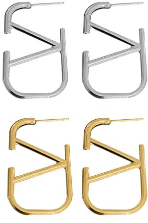 XPJBKC Damen Ohrringe, 2 Paar Earrings for Women, Verhindern Allergien Ohrringe Silber Gold, Große Hängende Ohrringe, V-From ohringe, Ohrringe Tropfen für Mädchen