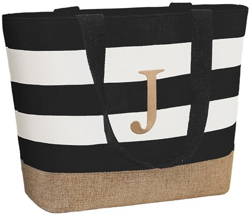 TAHAVICE Personalisierte Strandtasche, Initiale Tote Bag Damen Groß, Einkaufstasche mit Reißverschluss, Personalisierte Geschenke Frauen für Freundin Brautjungfer Frau Kollegin(J)