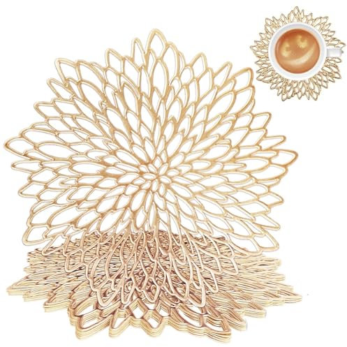 wiipara 12er Set Platzsets Tischsets Abwaschbar, Moderne PVC Platzdeckchen Rund, Weihnachten Dekorative Tischunterlage Esstisch Platzteller Platzset Rund für Zuhause Hochzeit (Gold, mit Untersetzer)
