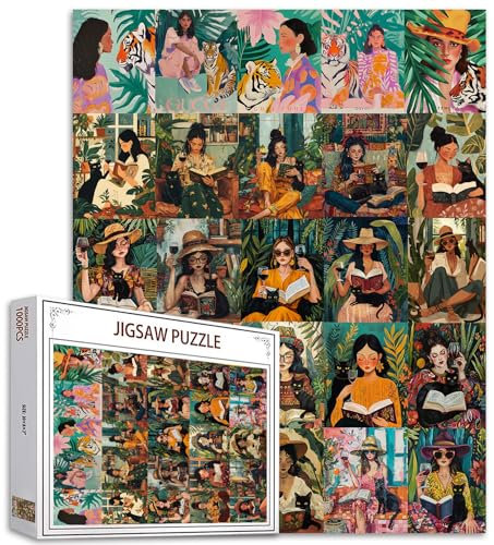 Casual Woman with Cat Jigsaw Puzzles Erwachsene 1000 Pieces Soft Hues Boho Style Art Jigsaw Puzzle Colorful DIY Puzzles for Home Decoration Gifts Perfect Game Nights Various Casual Women and Animals