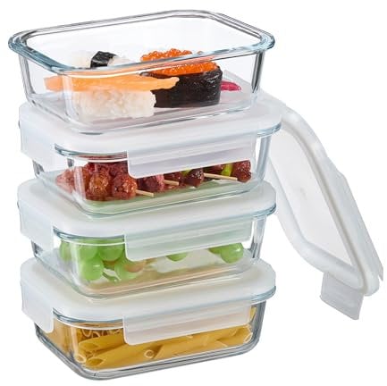 Relaxdays Fiambreras de Cristal con Tapa, Set de 4, 640 ml, Recipientes Herméticos, Cierre de Plástico, Transparente