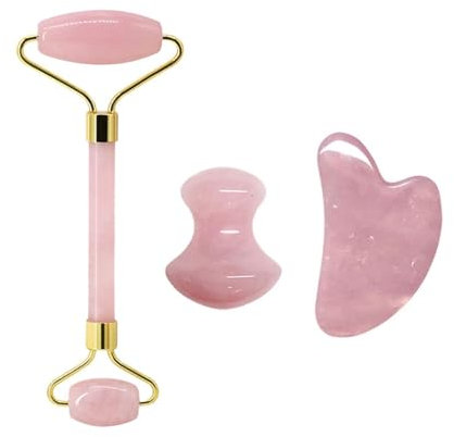 Massaggiatori a rullo in giada al quarzo rosa, set Gua Sha, strumenti Gua Sha, raschietto, strumento di bellezza per massaggi (tipo 6)