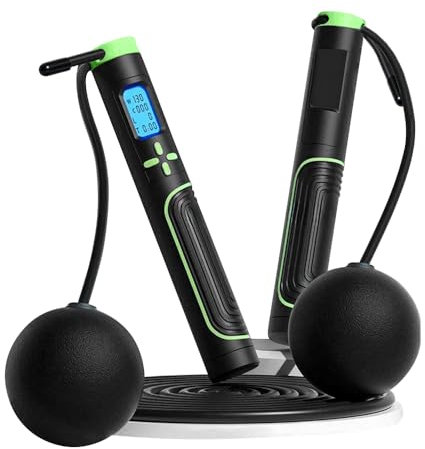 Cordless & Corded Smart Skipping Rope with HD Display, Adjustable Length, Fitness Tracker, and Weighted Handles – Includes 3m Rubberised Wire Rope and Cordless Ball (Black)