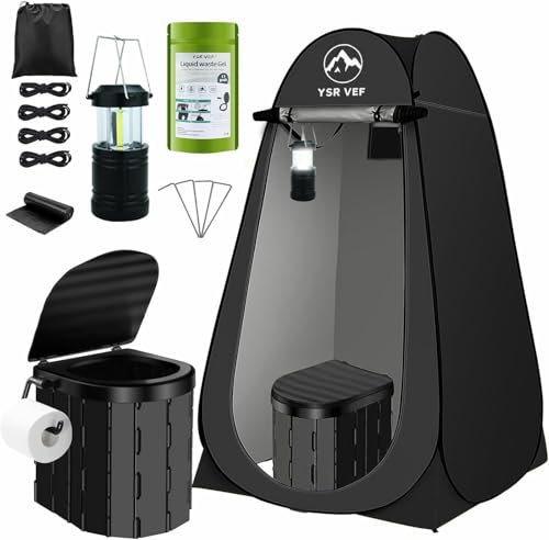 YSRVEF Portable Camping Toilet Kit with Pop-Up Privacy Tent, Washable Outdoor Shower and Changing Room, Includes Toilet Bags, Poo Gel, and Camping Lantern