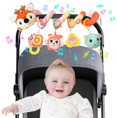Coriver Baby Kinderwagen Spielzeug, Spiral Kinderwagen Hängespielzeug mit Spieluhr, Plüsch Aktivität Kinderwagen Spielzeug für Autositz Mobile Krippe, Neugeborene Sensorisches für ab 0-12 Monaten