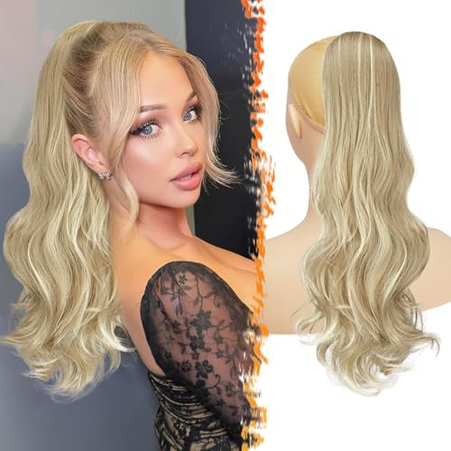 BARSDAR Wellige Pferdeschwanz Haarteil mit Kordelzug, 50cm Comb Clip in Licht Asch Blond Ponytail Extension für Frauen Lockige Synthetik Natürliche Pferdeschwanz Haarverlängerung Zopf Haarteile
