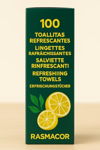 Rasmacor | Pack de 100 Toallitas Refrescantes de Limón para Manos | Eliminan Olores de Pescado, Carne y Suciedad | Toallitas para viajes, restaurantes, camping, oficina o coche |