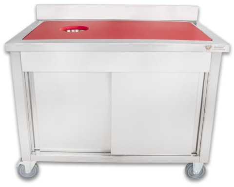 Beeketal Profi Edelstahl Zerlegetisch Arbeitsschrank BAZ1090-R – Mobiler Metzgertisch mit LDPE-Schneideplatte, Schiebetüren & Rollen – Wild-Zerlegeschrank für Jäger, Metzger & Gastro