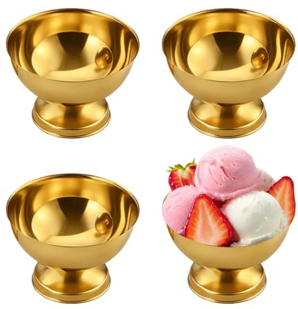MiOYOOW 4 Pezzi Coppette Gelato Acciaio Inox Finitura Specchio, 150 ml Ciotola Sorbetto Anticaduta, Coppa Multiuso Adattabile Pre-raffreddamento, per Dessert, Frutta, Gelato, Casa e Regalo