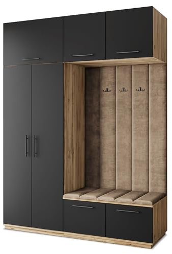 Masseno Flugarderoben Set Rema, Kleiderschrank-Set mit Sitzbank, Garderobenschrank Flur mit 5 Regalböden, Eiche Wotan/Schwarz