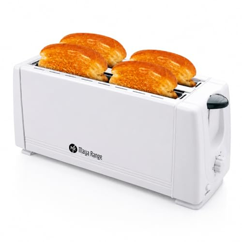 Maya Range 4 Slice Long Slot Toaster, White, 1200W, 6 Browning Levels, Cool Touch Body, Removable Crumb Tray