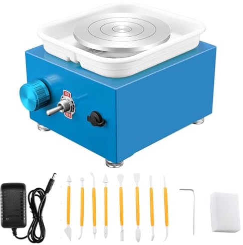 VIHBRAI Mini rueda de alfarería eléctrica, 0-2000 rpm, velocidad ajustable, 2 platos giratorios de 6,5 cm y 10 cm, máquina de cerámica portátil con bandeja extraíble para manualidades, arcilla, arte y