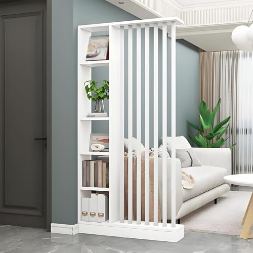 Room Divider with Shelves, Entrance Hall Partition Screen Column Floor to Ceiling - Room Divider with Storage Shelf, Easy Assembly Freestanding Decor for Bedroom, Office (White+White, 100cm / 39.4in)