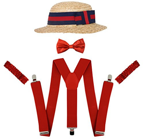 BARBERSHOP MAN FANCY DRESS COSTUME - STRAW BOATER HAT WITH BLUE/RED BAND, RED SATIN BOWTIE, RED BRACES AND RED ARMBANDS - 4 PIECE EDWARDIAN BARBERSHOP QUARTET FANCY DRESS COSTUME (RED)